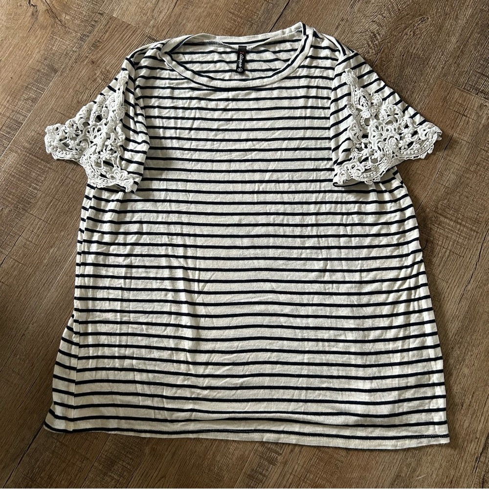 J. Crew Navy and White Striped Tee with Lace Accents